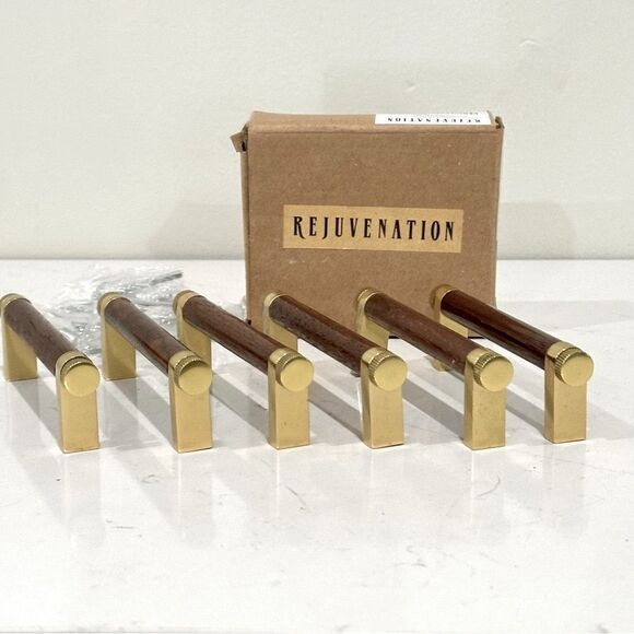 Rejuvenation West Slope Drawer Pull Walnut Wood and Aged Brass 4" C105370 - Picture 5 of 7